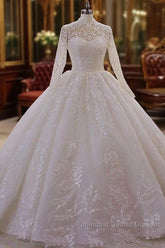 Sparkle Lace Ball Gown High Neck Tull Long Sleevess Wedding Dresses
